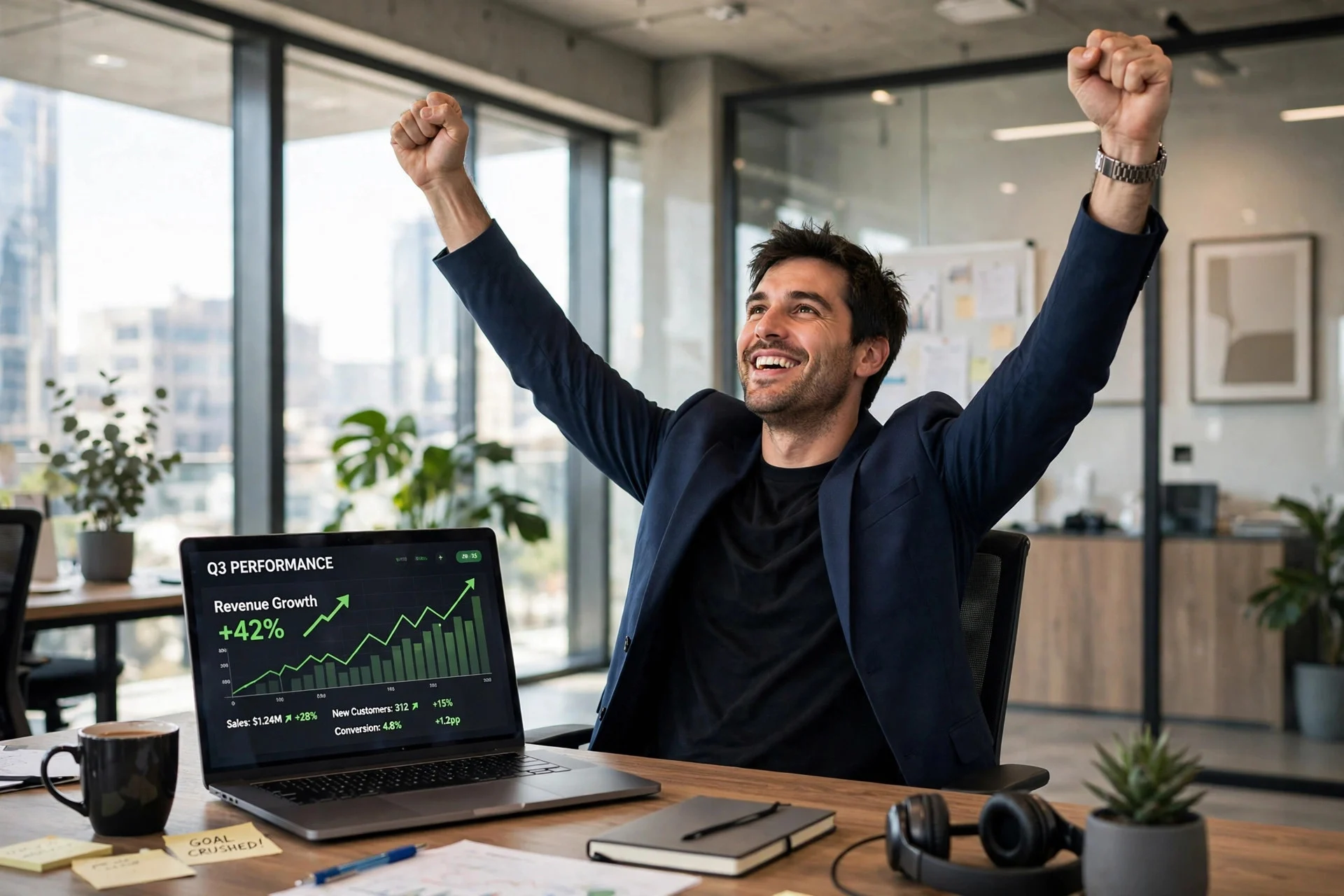 employee celebrating success exceeding expectations