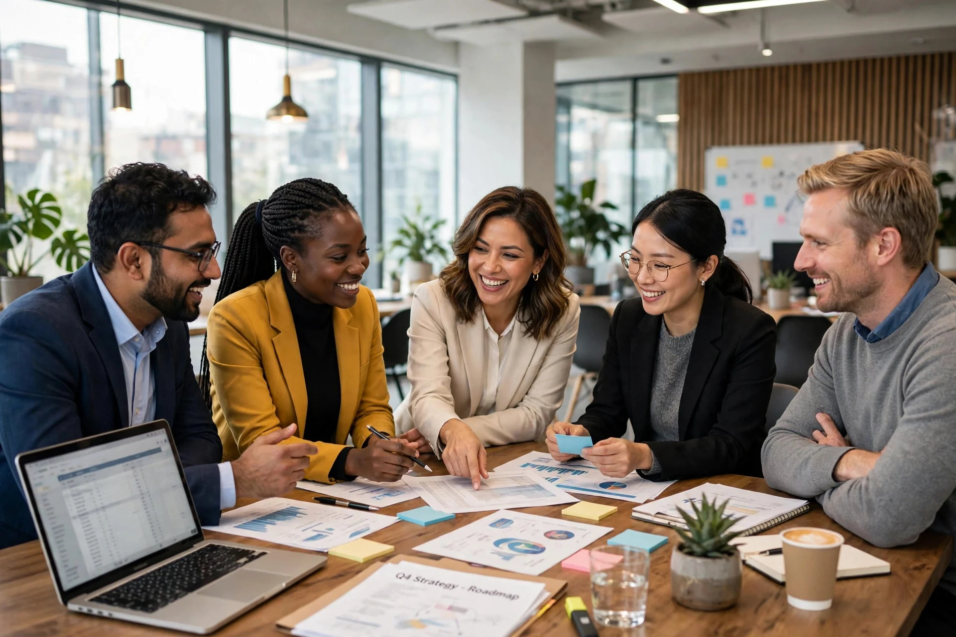 team collaborating in office meeting