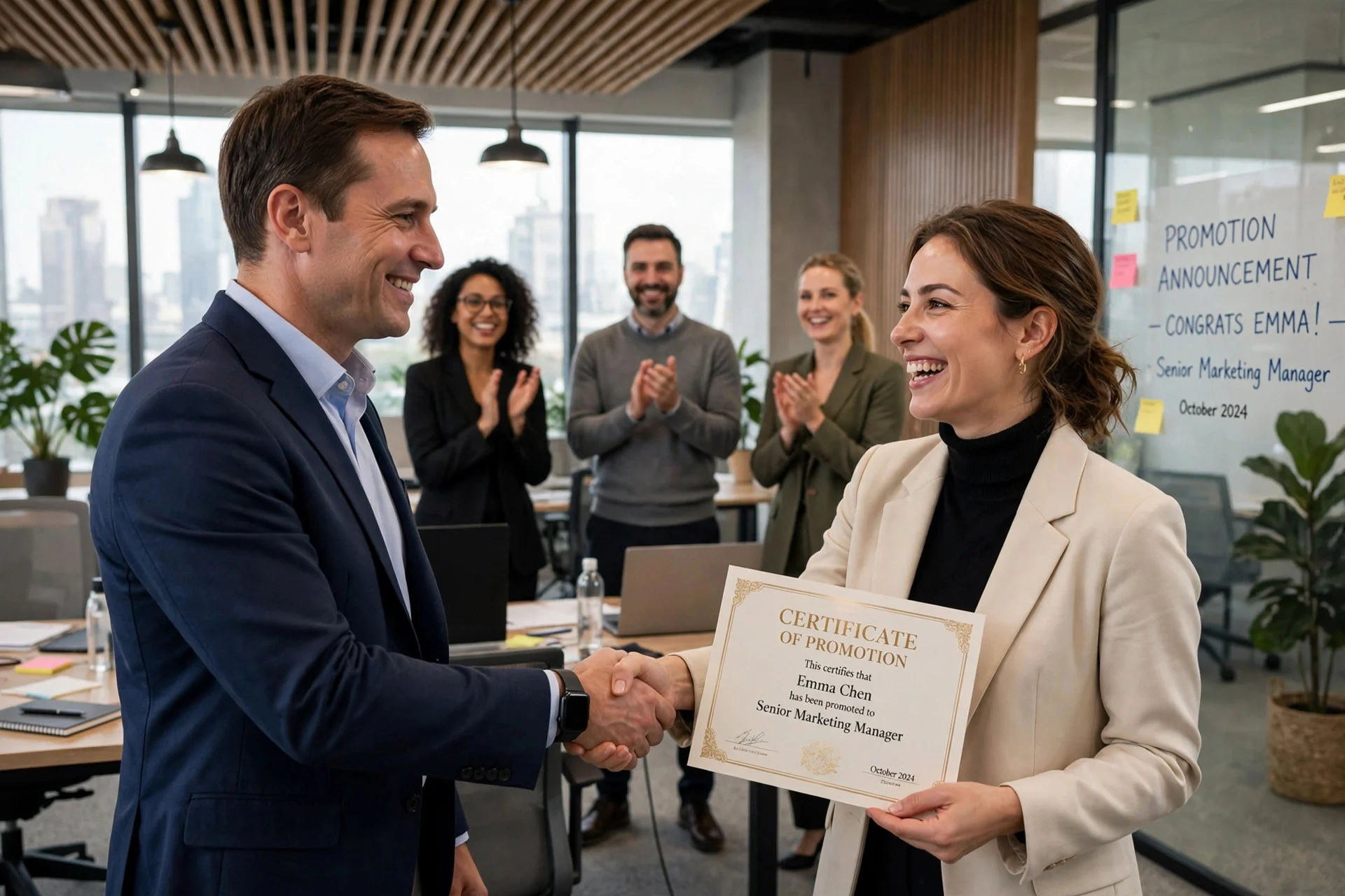 employee receiving promotion in office